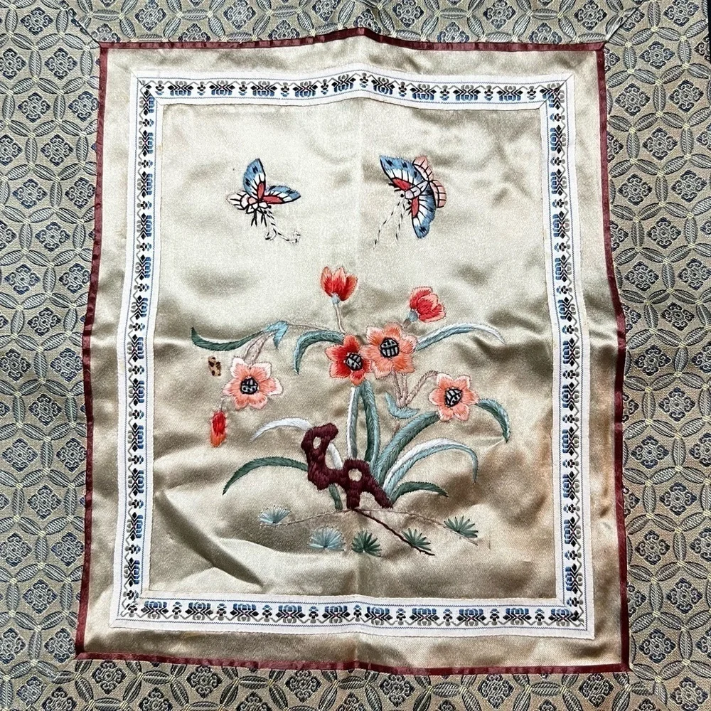Asian Silk Embroidered Floral Wall Hanging Butterfly Handmade Poppy Coral 11X13”